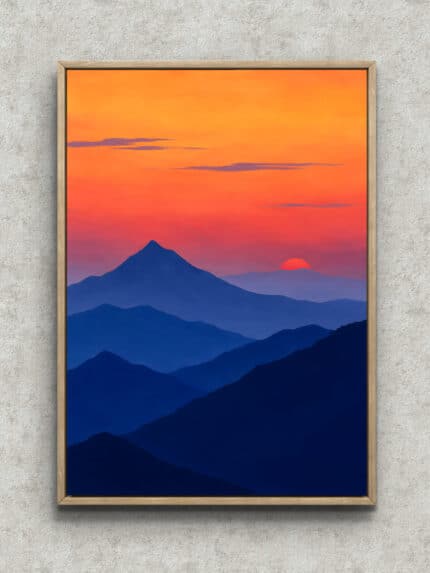 夕焼け空と青い山並みを描いた夕映えの峰の風景アートパネル フレーム設置イメージ