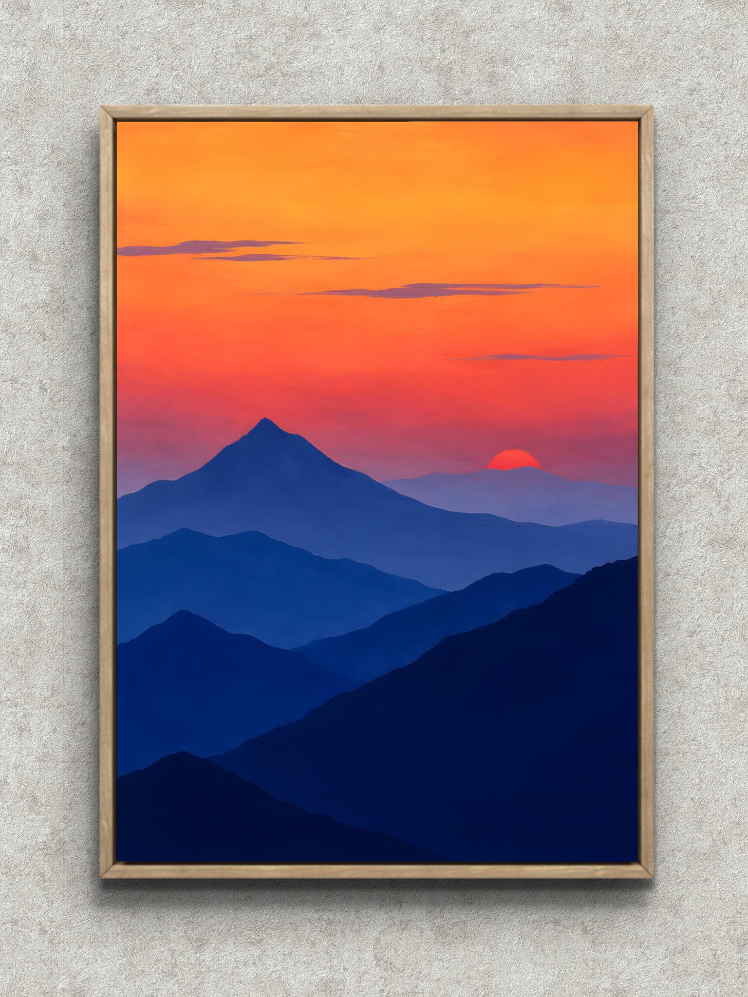 sunset-mountain-abstract-interior-art-main-1-ma-11037.jpg 夕焼け空と青い山並みを描いた夕映えの峰の風景アートパネル フレーム設置イメージ