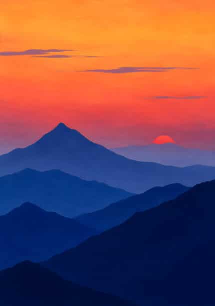 夕焼け空と青い山並みを描いた夕映えの峰の風景アートパネル