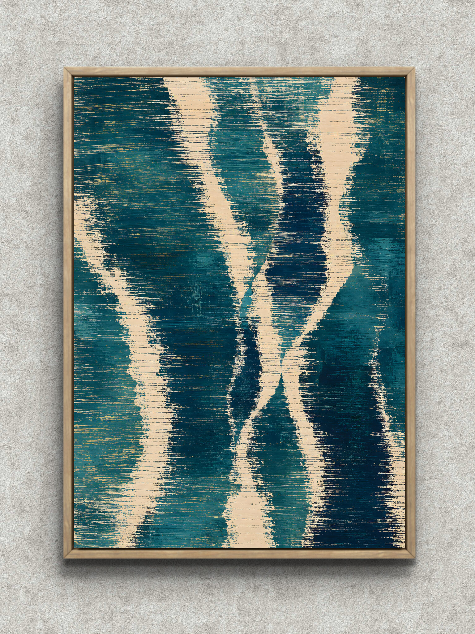 teal-stripe-abstract-interior-art-main-1-ma-11009.jpg 深い青緑に白い帯が流れる縦構図の抽象アートパネル フレーム設置イメージ