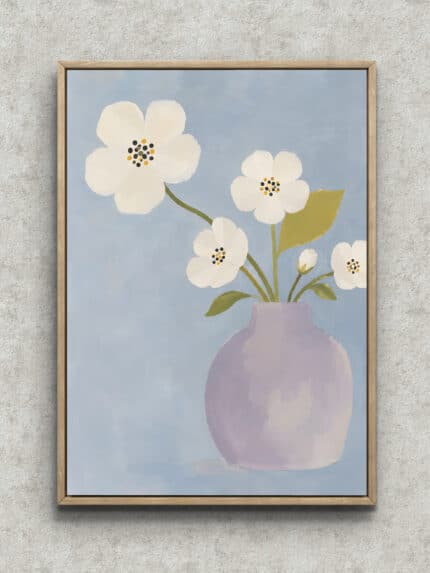 淡い水色の背景に白い花と紫の花瓶を描いたフラワーアートパネル フレーム設置イメージ