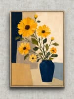 黄色い花と濃紺の花瓶をやわらかな色面で描いた縦構図のフラワーアートパネル フレーム設置イメージ