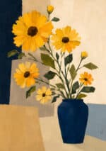 黄色い花と濃紺の花瓶をやわらかな色面で描いた縦構図のフラワーアートパネル