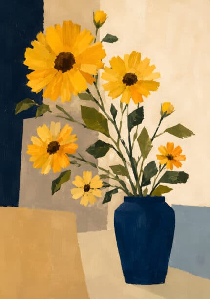 黄色い花と濃紺の花瓶をやわらかな色面で描いた縦構図のフラワーアートパネル