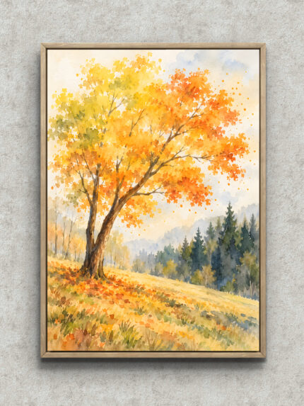紅葉した大木と丘陵を描いた水彩風の秋景色アートのアートパネル フレーム設置イメージ