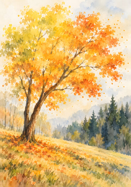 紅葉した大木と丘陵を描いた水彩風の秋景色アートのアートパネル
