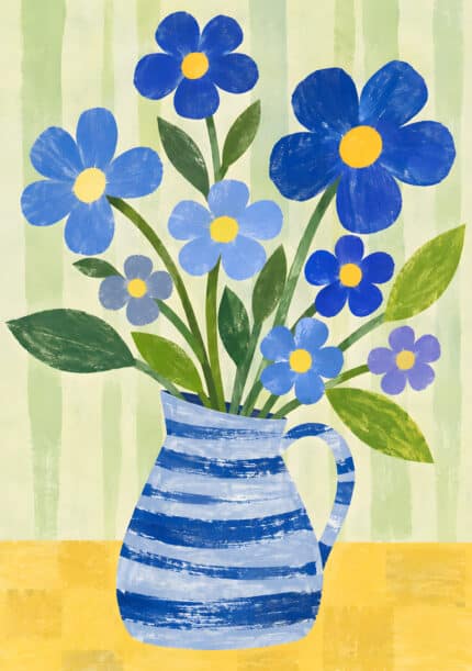 青い花と花瓶を描いた軽やかなフラワーアートパネル