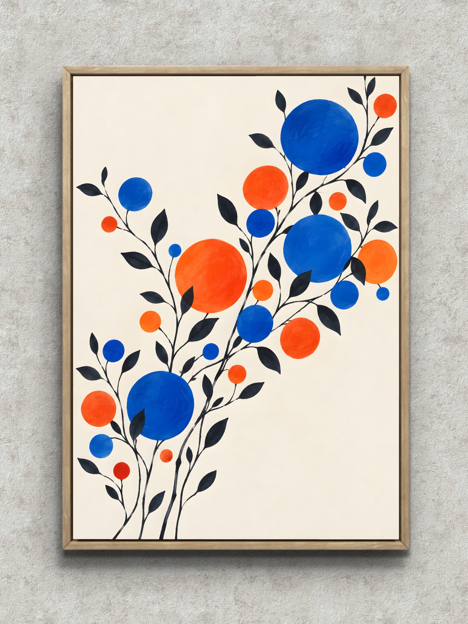 blue-orange-berry-botanical-wall-art-main-1-ma-11094.jpg 青とオレンジの丸い実のようなモチーフが連なる北欧 ウォールアートのアートパネル フレーム設置イメージ