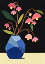 青い花瓶からピンクの花と葉が広がるフラワー インテリアアート