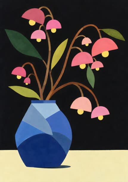 青い花瓶からピンクの花と葉が広がるフラワー インテリアアート