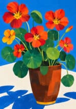 青い背景に赤橙の花と青い花瓶を描いたフラワーアートパネル