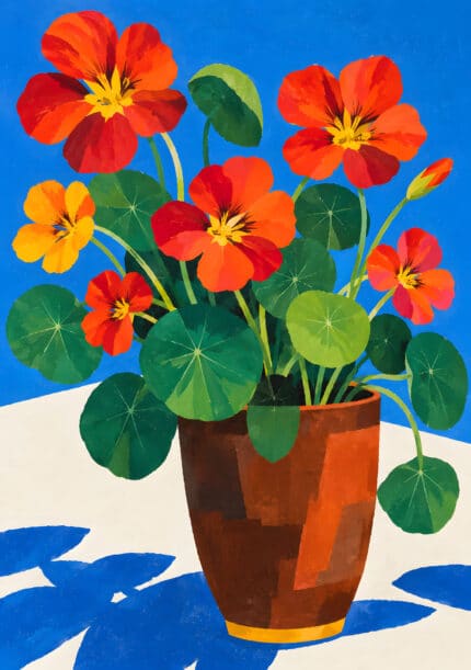青い背景に赤橙の花と青い花瓶を描いたフラワーアートパネル