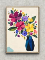 彩り豊かな花と葉が広がる切り絵風のフラワーアートパネル フレーム設置イメージ