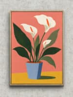 コーラルピンクの背景に白いカラーの花と深緑の葉を描いたボタニカル インテリアアート フレーム設置イメージ