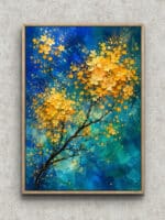 青緑の背景に金色の花と黒い枝が広がる縦構図の抽象アートパネル フレーム設置イメージ