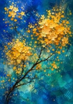 青緑の背景に金色の花と黒い枝が広がる縦構図の抽象アートパネル