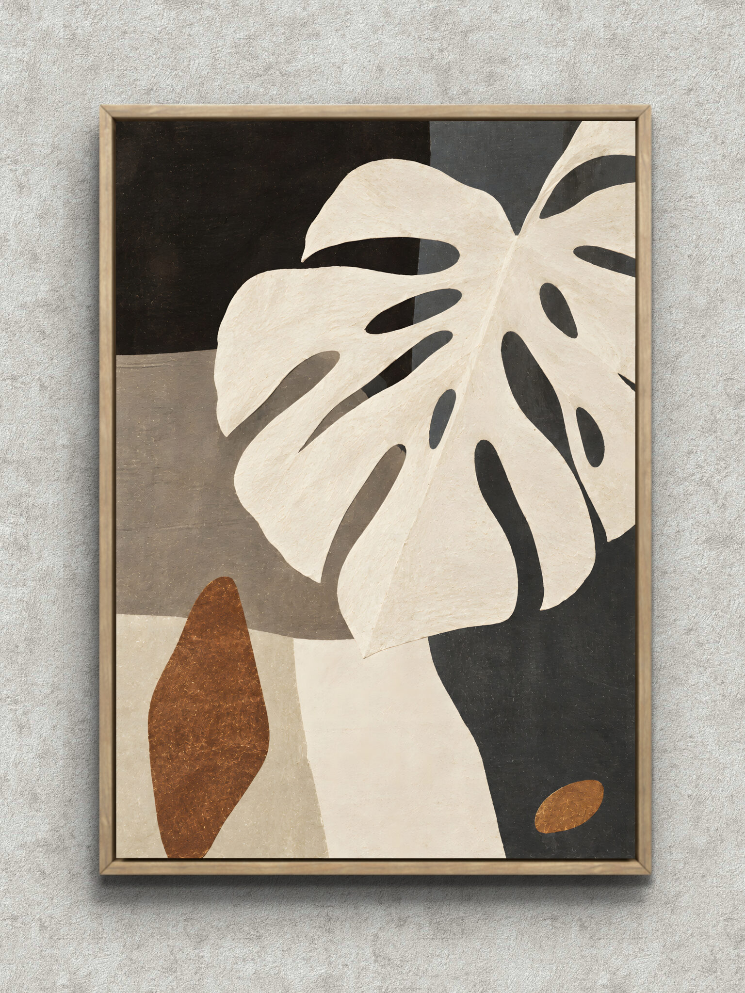 monstera-botanical-interior-art-main-1-ma-11073.jpg アイボリーと黒で描いたモンステラの葉のボタニカル インテリアアート フレーム設置イメージ