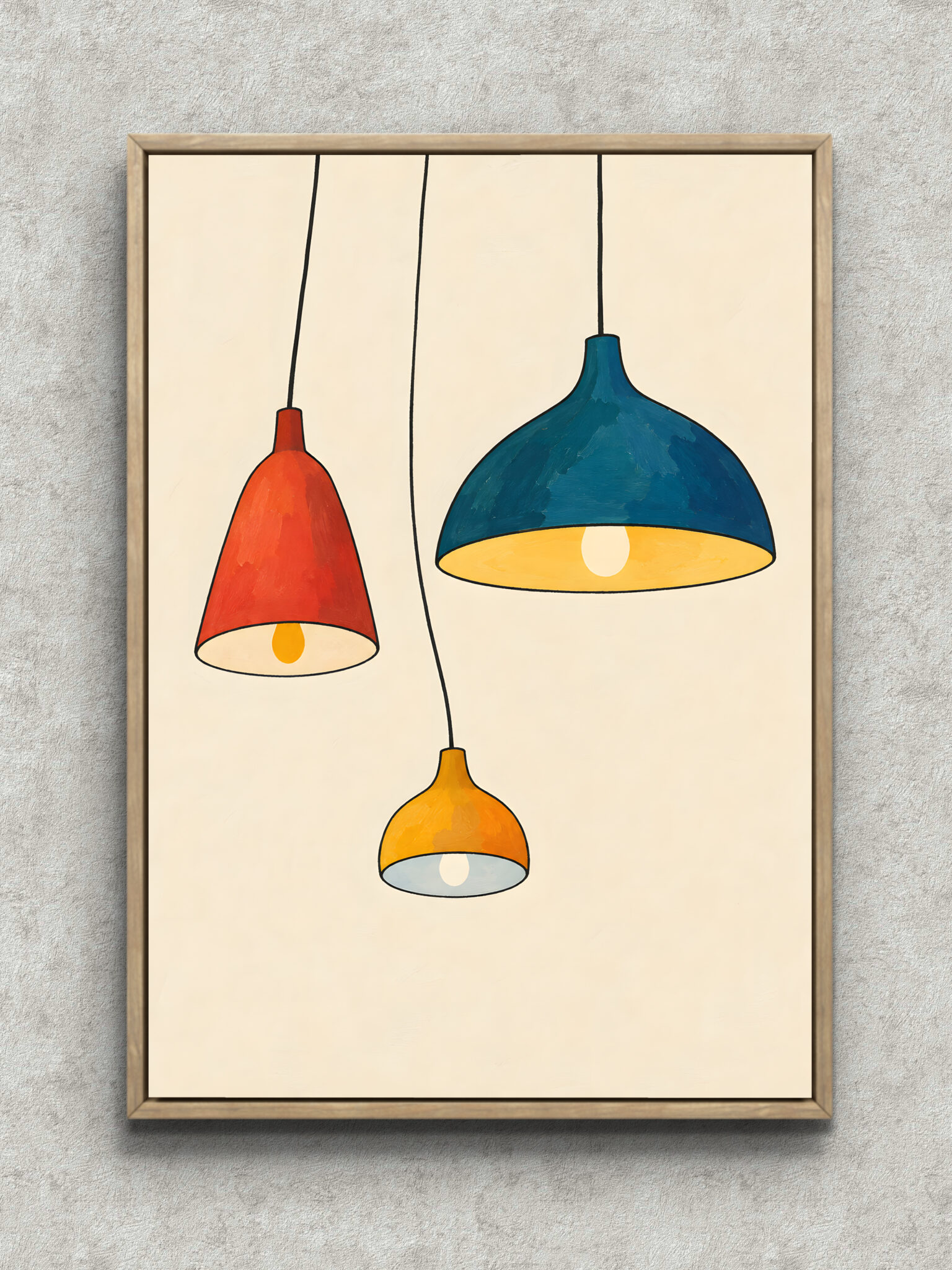 nordic-pendant-light-wall-art-main-1-ma-11081.jpg 赤青黄のペンダントライトを描いた余白のある北欧 ウォールアートのアートパネル フレーム設置イメージ