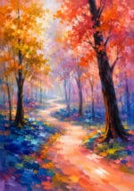 紅葉した木々と光る小道が奥へ続く秋色の風景アートパネル