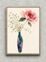 淡いピンクの花と青みのある花器を描いた上品なボタニカル インテリアアート フレーム設置イメージ
