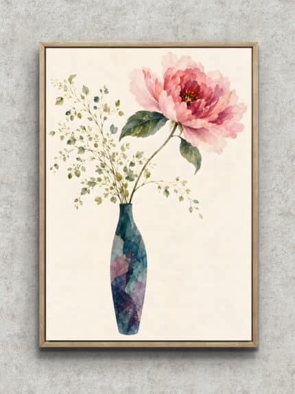 淡いピンクの花と青みのある花器を描いた上品なボタニカル インテリアアート フレーム設置イメージ