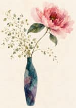 淡いピンクの花と青みのある花器を描いた上品なボタニカル インテリアアート