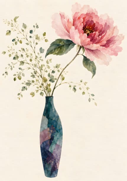 淡いピンクの花と青みのある花器を描いた上品なボタニカル インテリアアート