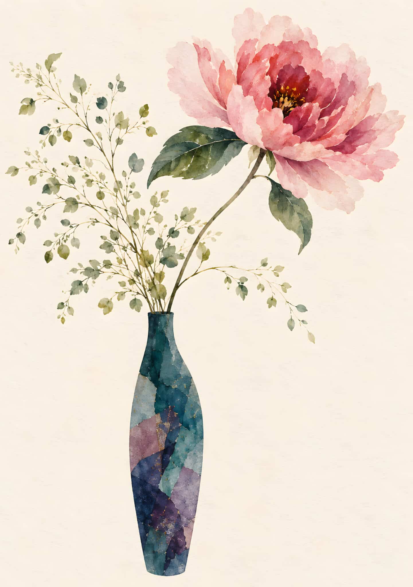 ピンクの花瓶花のボタニカルアート｜全サイズ送料無料 | MomokoArt