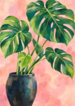 ピンクの背景にモンステラの葉と黒い鉢を描いたボタニカルアートパネル