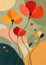 赤と黄の花が丸い背景に浮かぶフラワー インテリアアート