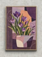 紫の花と細長い葉を幾何学背景に重ねたボタニカル インテリアアート フレーム設置イメージ