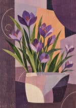 紫の花と細長い葉を幾何学背景に重ねたボタニカル インテリアアート