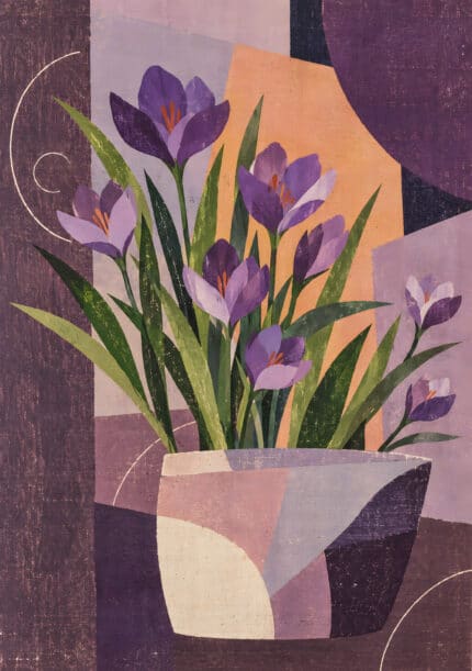 紫の花と細長い葉を幾何学背景に重ねたボタニカル インテリアアート