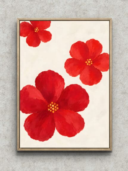 赤い大輪の花を余白にのびやかに配した縦長のフラワーアートパネル フレーム設置イメージ