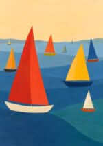 赤い帆船と帯状の海を描いた風景アートパネル