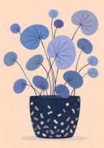 淡いベージュの背景に丸い葉と青い鉢を描いたボタニカル インテリアアート