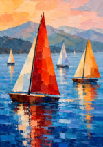 夕焼けの海に白い帆船と山並みを描いた風景アートパネル