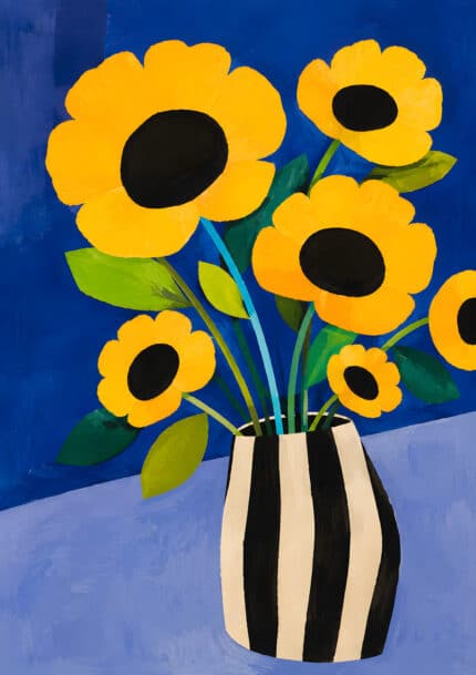 濃紺の背景にひまわりと器を描いたフラワー インテリアアート