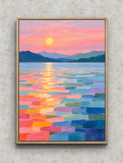 中央の太陽と湖面の反射を描いた幻想的な風景アートパネル フレーム設置イメージ