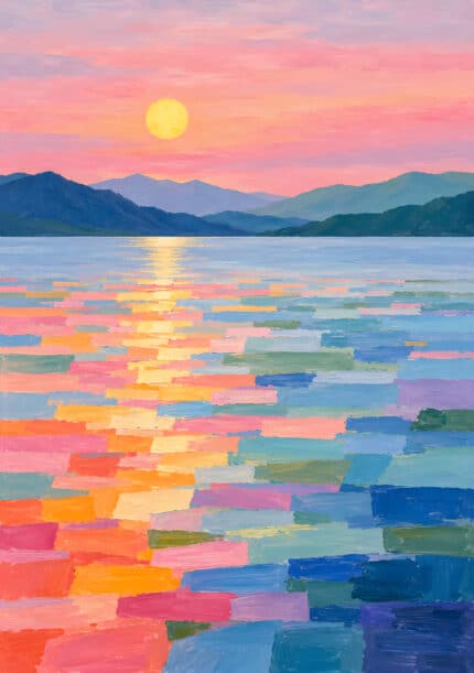 中央の太陽と湖面の反射を描いた幻想的な風景アートパネル