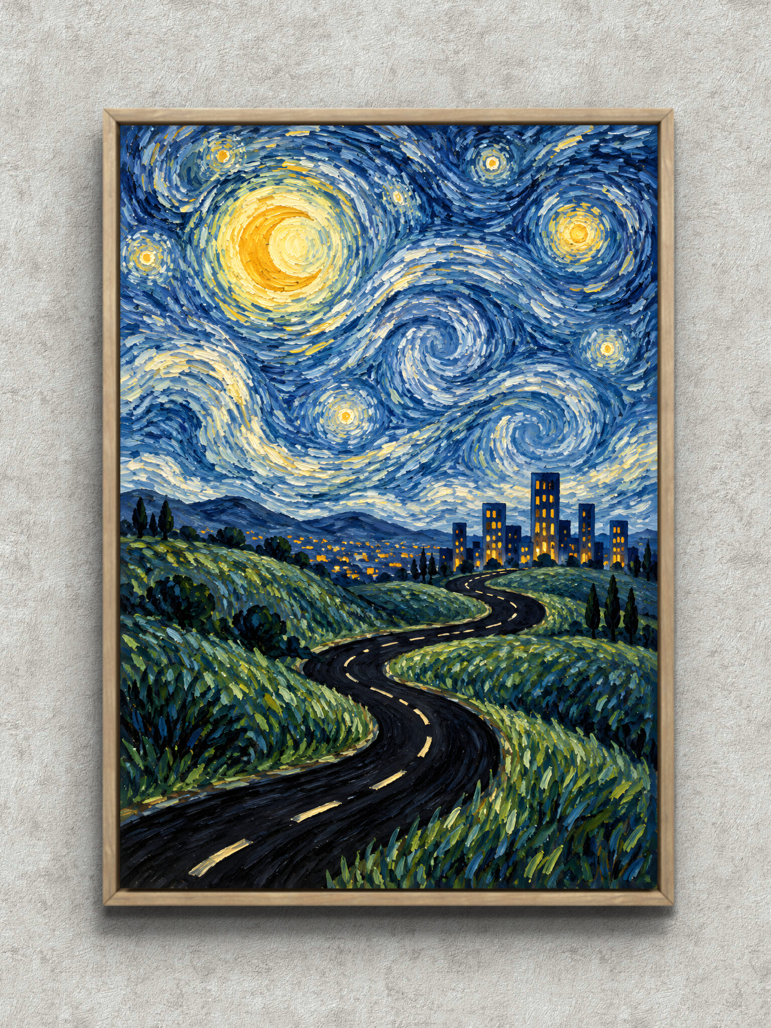 swirling-starry-cityscape-art-panel-main-1-ma-11084.jpg 渦巻く星空と街の灯りを描いた青い風景アートパネル フレーム設置イメージ