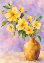淡い紫の背景に黄色い花と緑の葉を描いた花瓶のフラワーアートパネル
