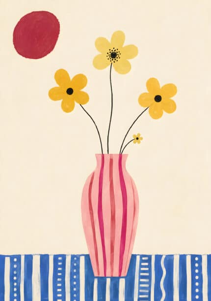 ピンクの花瓶に黄色い花を描いた手描き調のフラワー インテリアアート