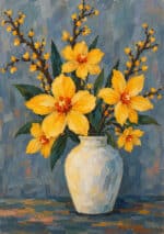 青灰色の背景に黄色い花と白い花瓶を描いた厚塗りのフラワーアートパネル