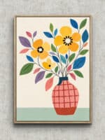黄色い花瓶から花と葉が広がる明るいフラワーアートパネル フレーム設置イメージ