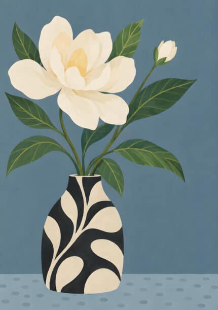 白い花と深緑の葉を黒白の花瓶に生けたベージュ ウォールアートのアートパネル