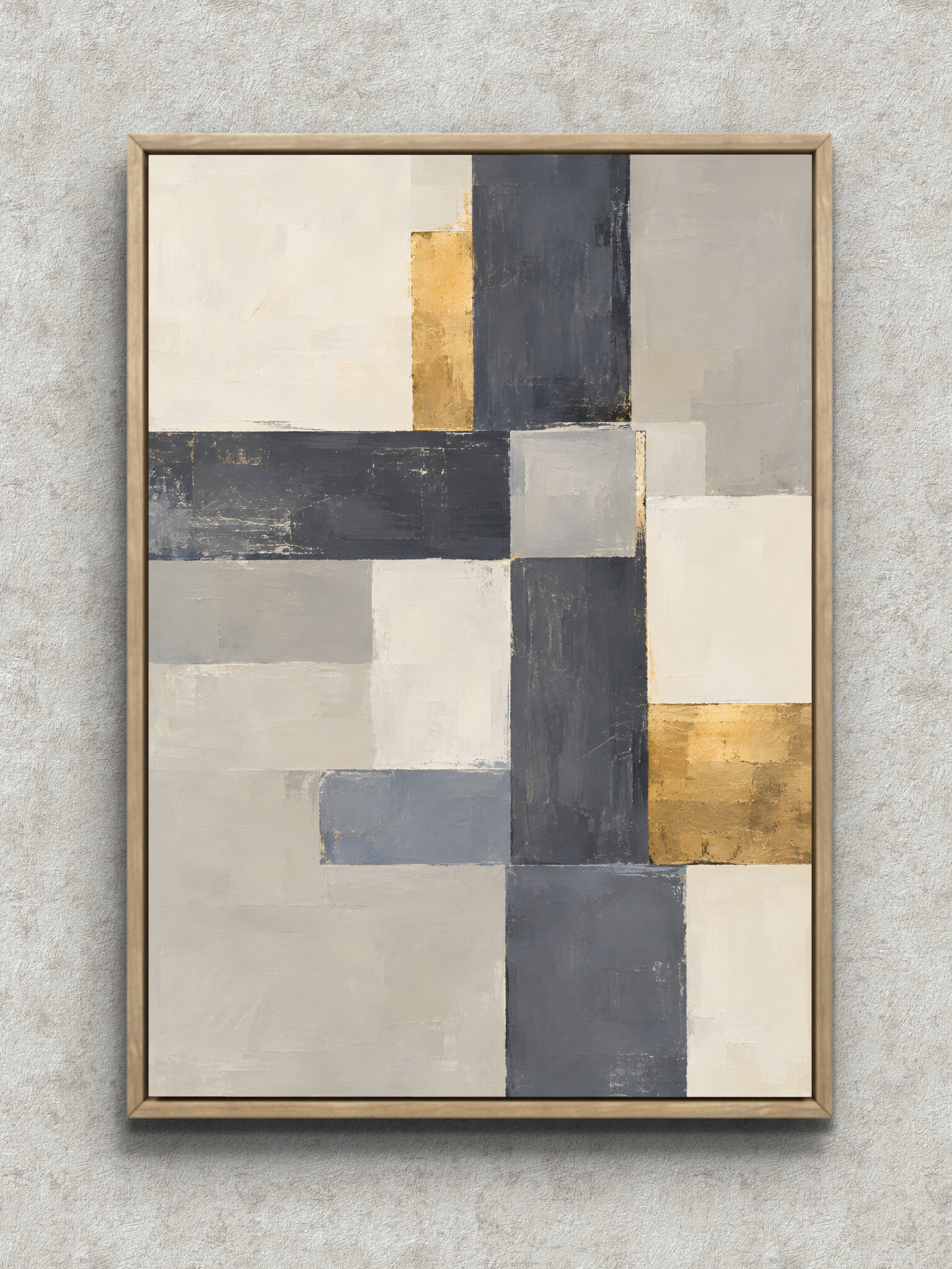beige-geometric-wall-art-main-1-ma-11146.jpg アイボリーとグレーの矩形が重なるベージュ ウォールアートのアートパネル フレーム設置イメージ