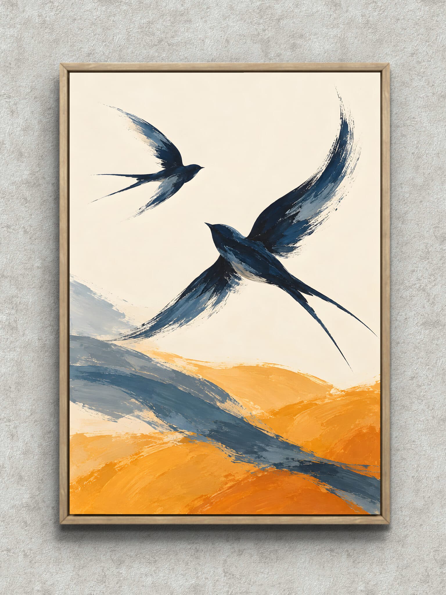 bird-trace-navy-orange-interior-art-main-1-ma-11156.jpg 紺とオレンジの色面に鳥の軌跡が伸びる縦構図の抽象アートパネル フレーム設置イメージ