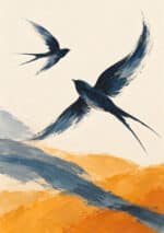 紺とオレンジの色面に鳥の軌跡が伸びる縦構図の抽象アートパネル