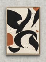 黒い半月形とテラコッタの弧を描いた余白のある幾何学アートのアートパネル フレーム設置イメージ